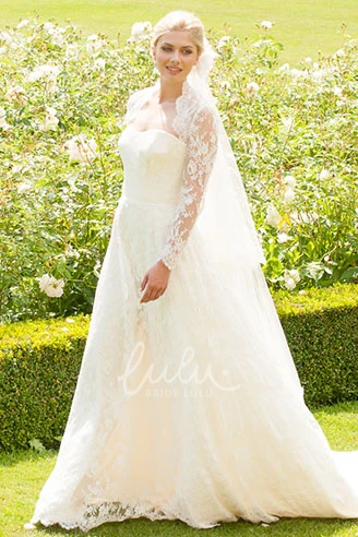 Appliqued Lace Wedding Dress with Long Sleeves Strapless Floor-Length