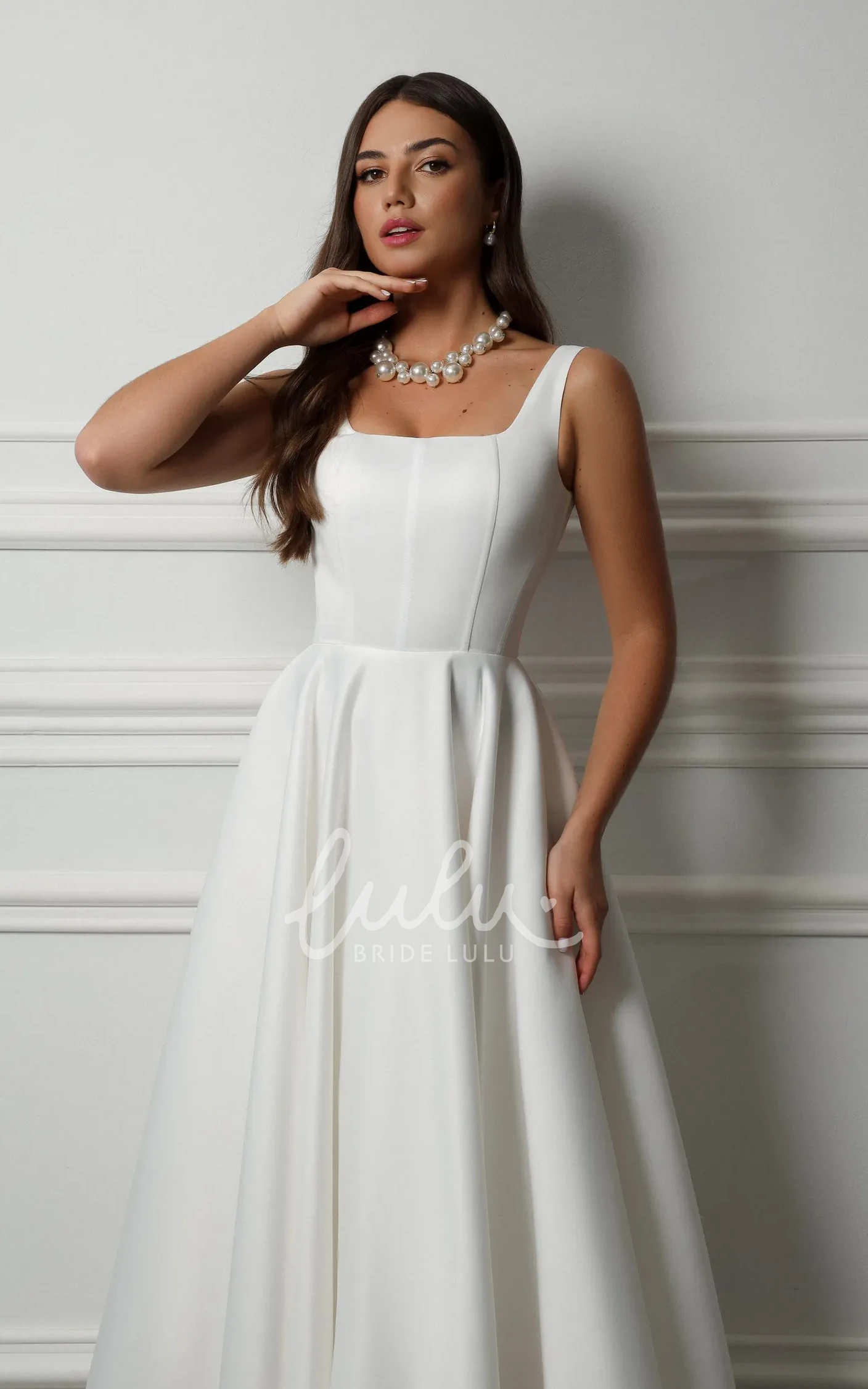 Simple Elegant Sleeveless Satin Wedding Dress Solid A-Line Minimalist Modern Bridal Gown