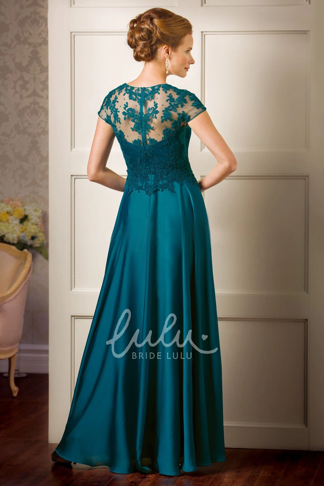 Long Appliqued Mother Of The Bride Dress with Cap Sleeves and Illusion Back