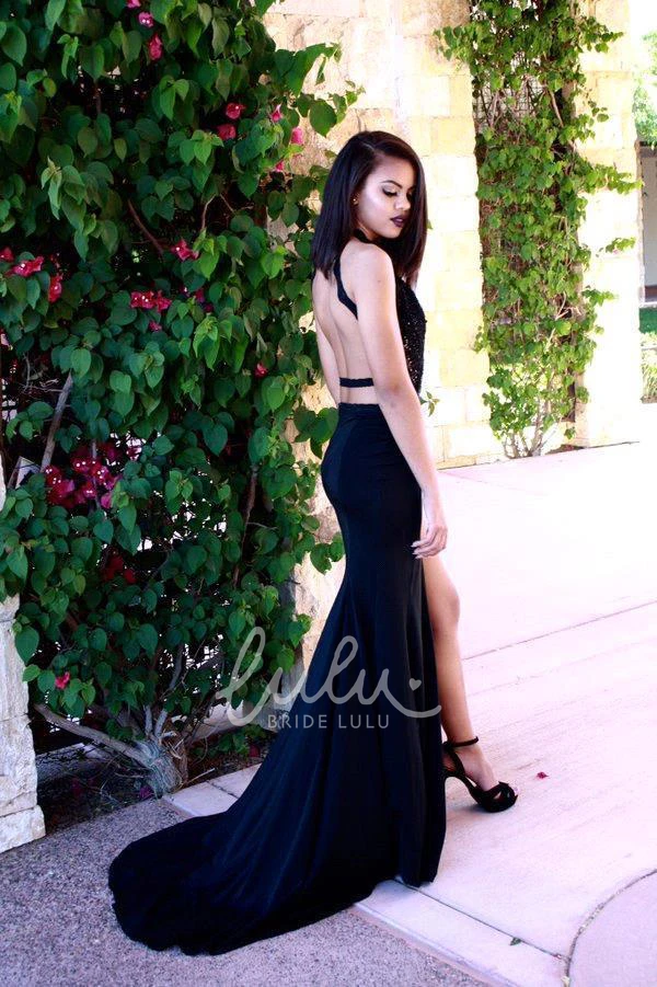 Black Halter Sleeveless Prom Dress Sexy Women's Slit Appliques