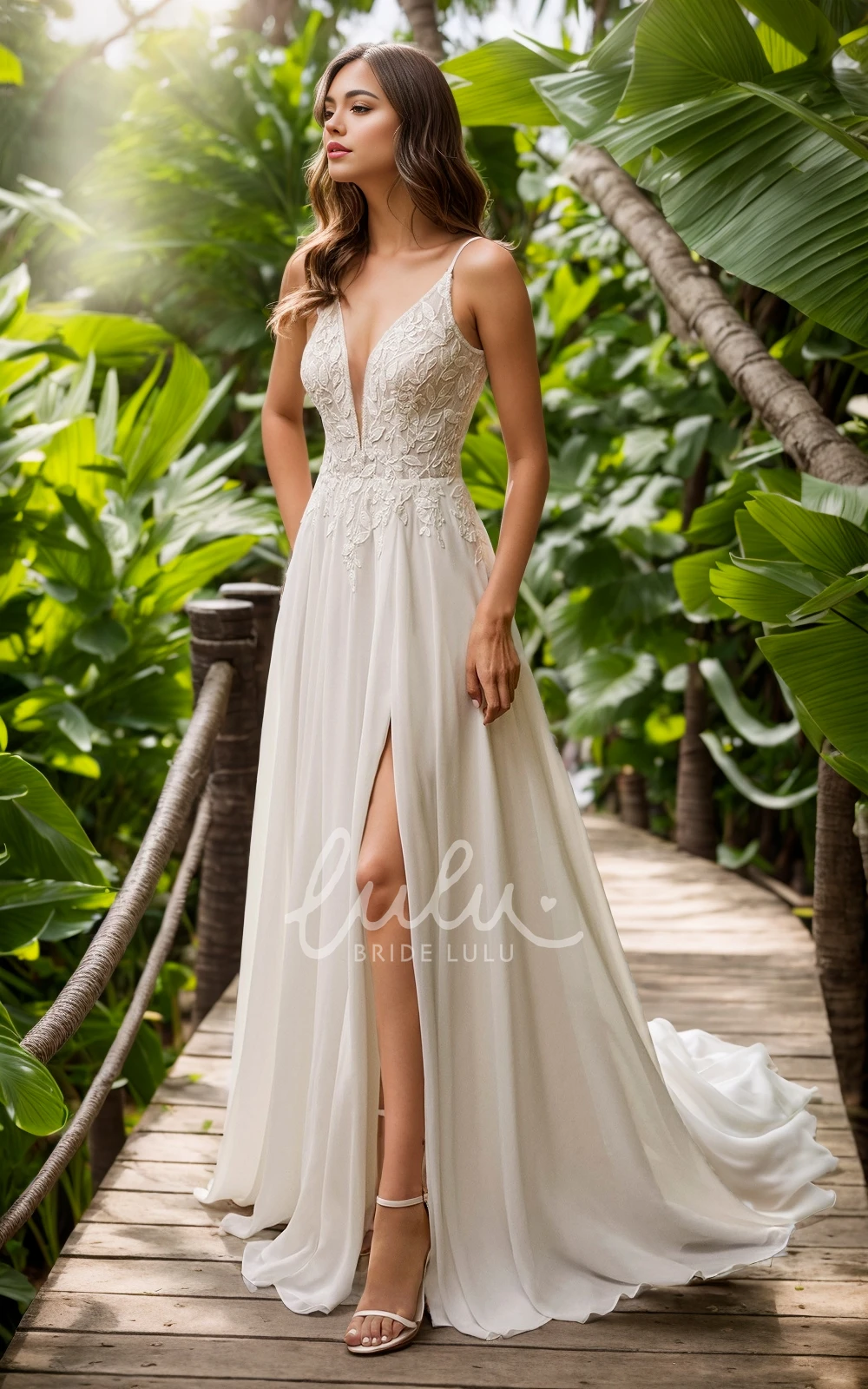 Sexy Ethereal A-Line Plunging V-Neck Floor-length Spaghetti Chiffon Lace Wedding Gown Elegant Garden Lace Appliques Split Front Sleeveless Backless Bridal Dress with Button