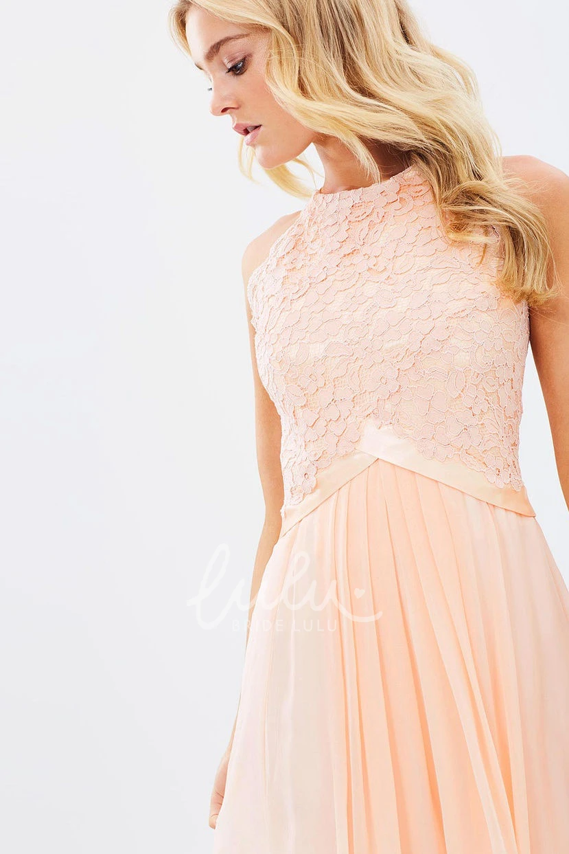 Chiffon Appliqued Bridesmaid Dress with Scoop Neck and Ribbon Sleeveless