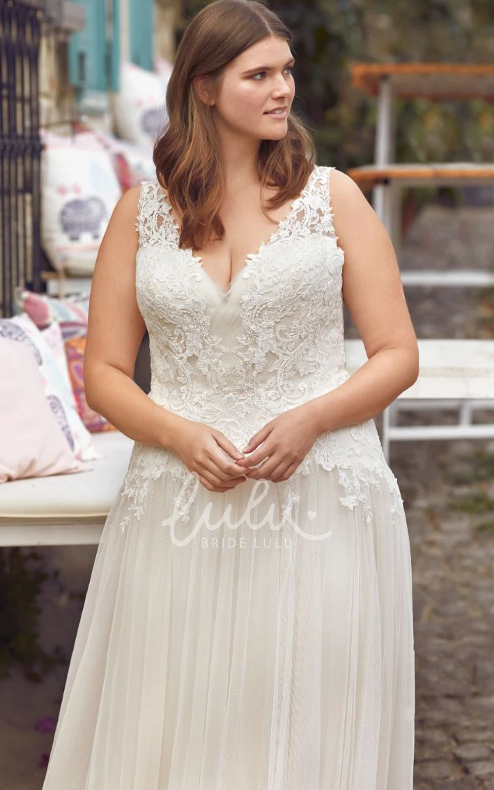 Modern Lace A Line Wedding Dress with Appliques Court Train Sleeveless V-neck