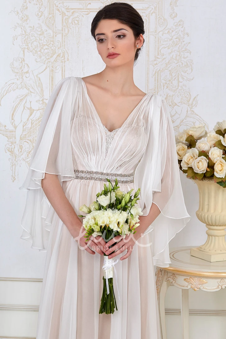 A-Line Beaded Tulle Evening Dress with Poet-Sleeve and V-Neck