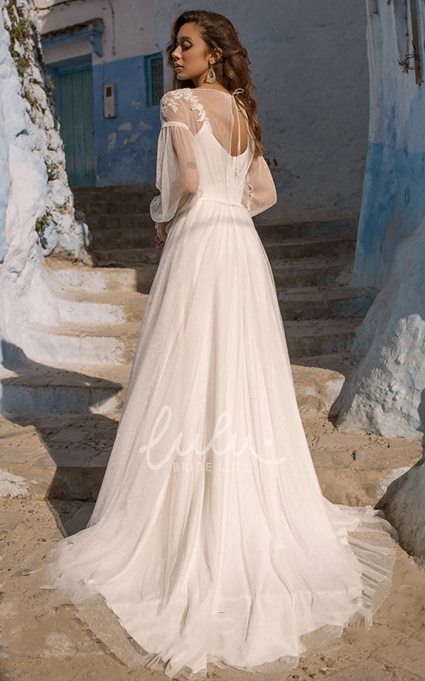 Bohemian Bateau A Line Lace Wedding Dress with Ruching Unique Sweep Train Boho
