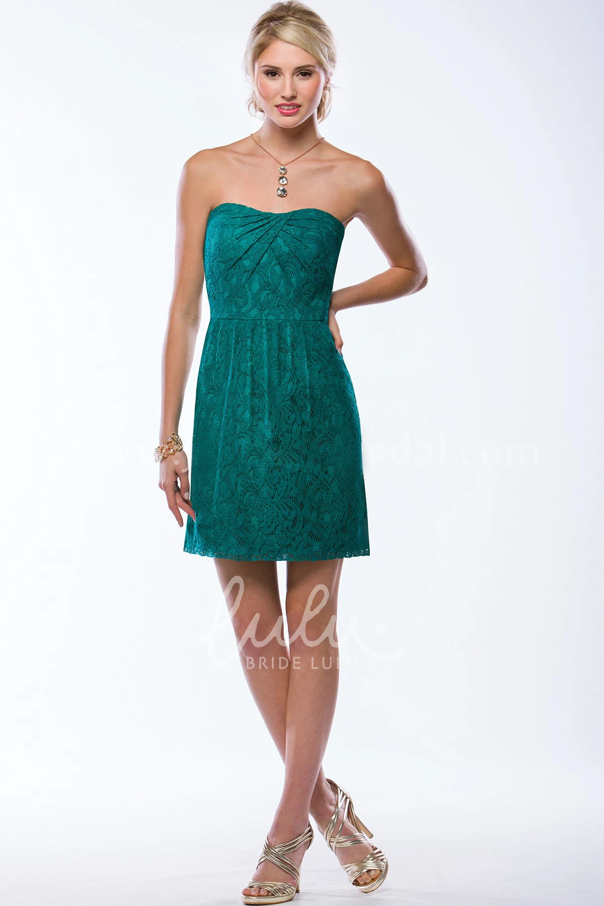 Lace Strapless Bridesmaid Dress with Keyhole Back and Pleats