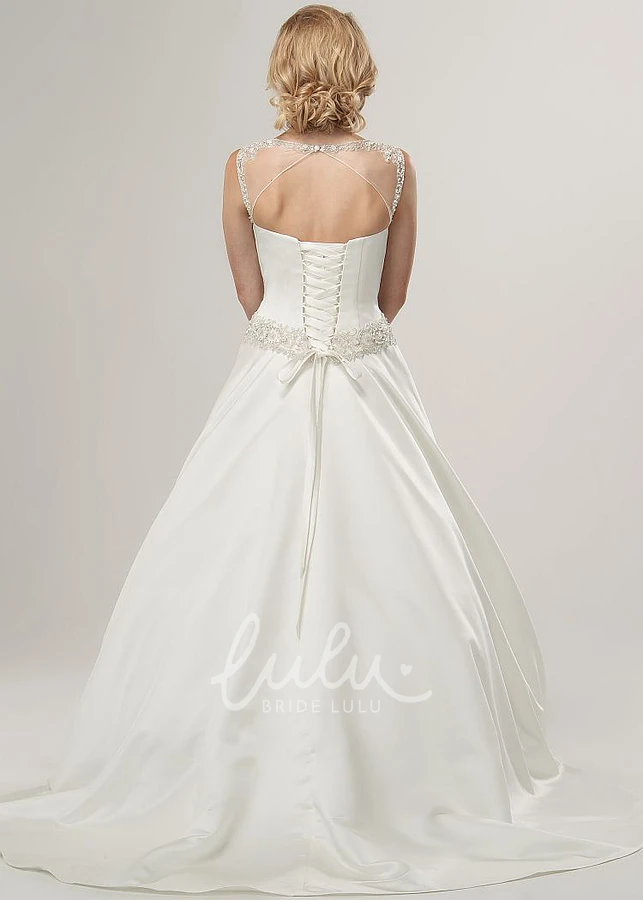 Satin Scoop-Neck Wedding Dress with Beaded Sleeveless A-Line Design Elegant and Modern