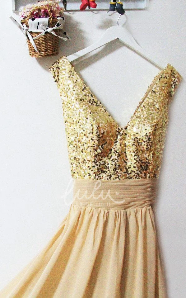 V-neck A-line Chiffon Prom Dress with Gold Sequins