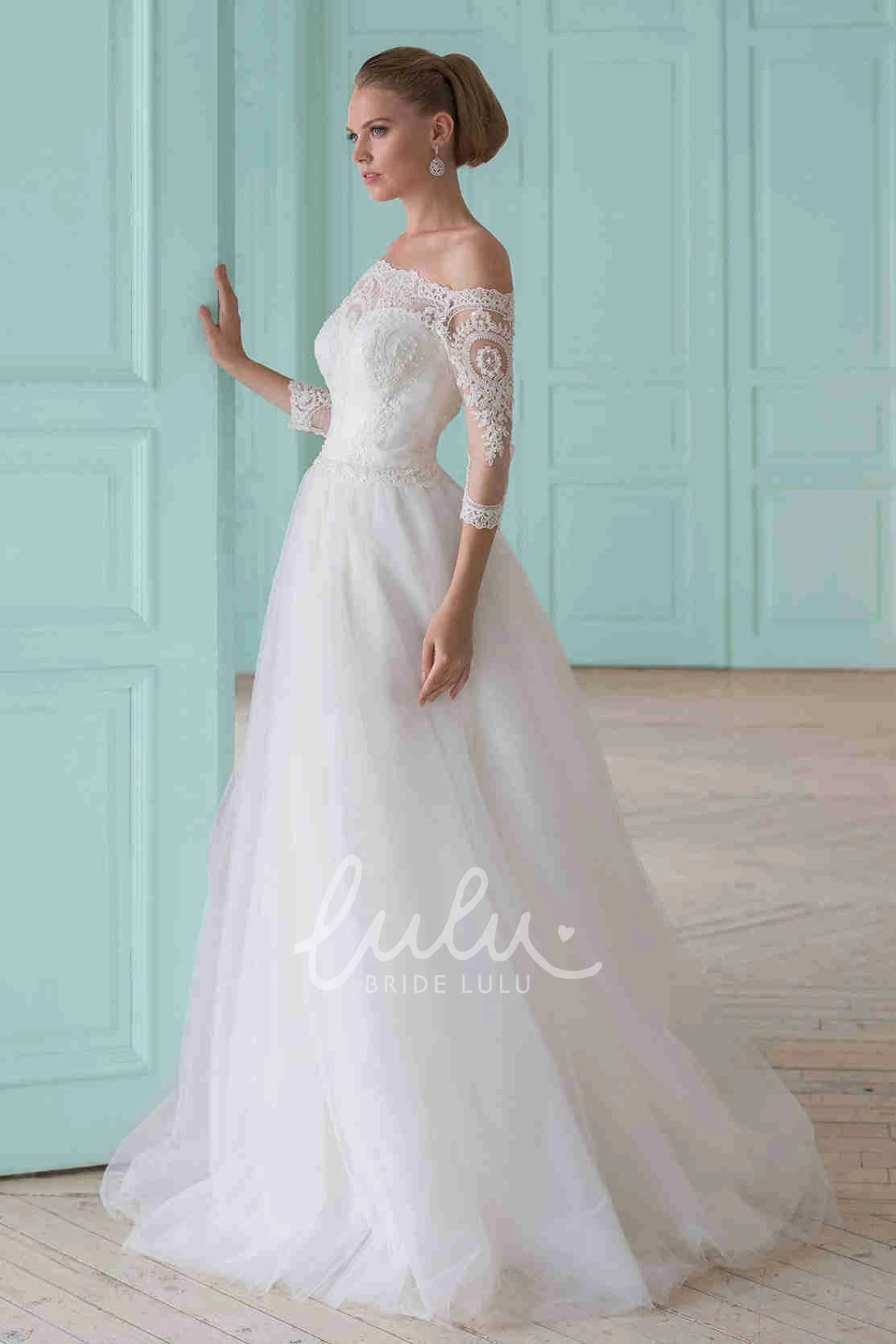 Off-The-Shoulder A-Line Tulle Wedding Dress with Lace and Illusion Long-Sleeve Bridal Gown