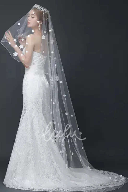 Tulle Bridal Veil with Flowers for Chapel