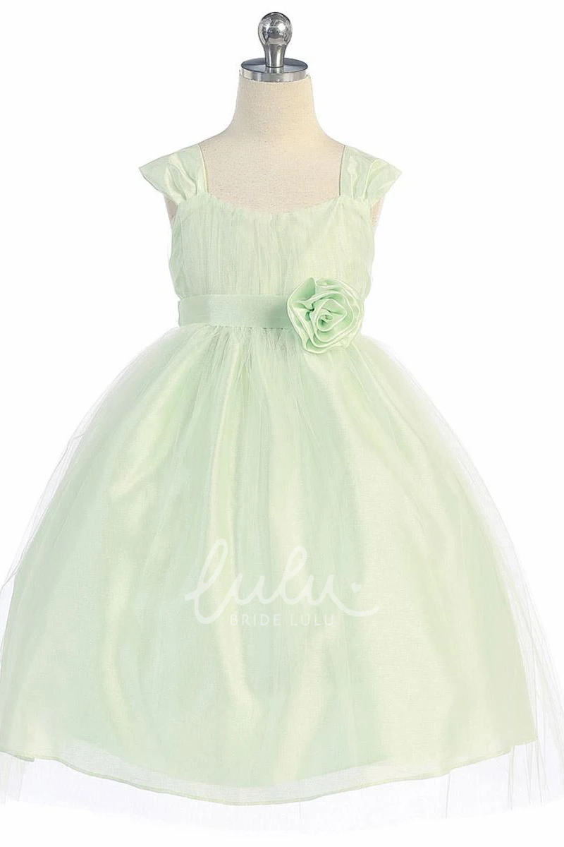 Tulle Flower Girl Dress Tea-Length Straps Modern Flowy Empire