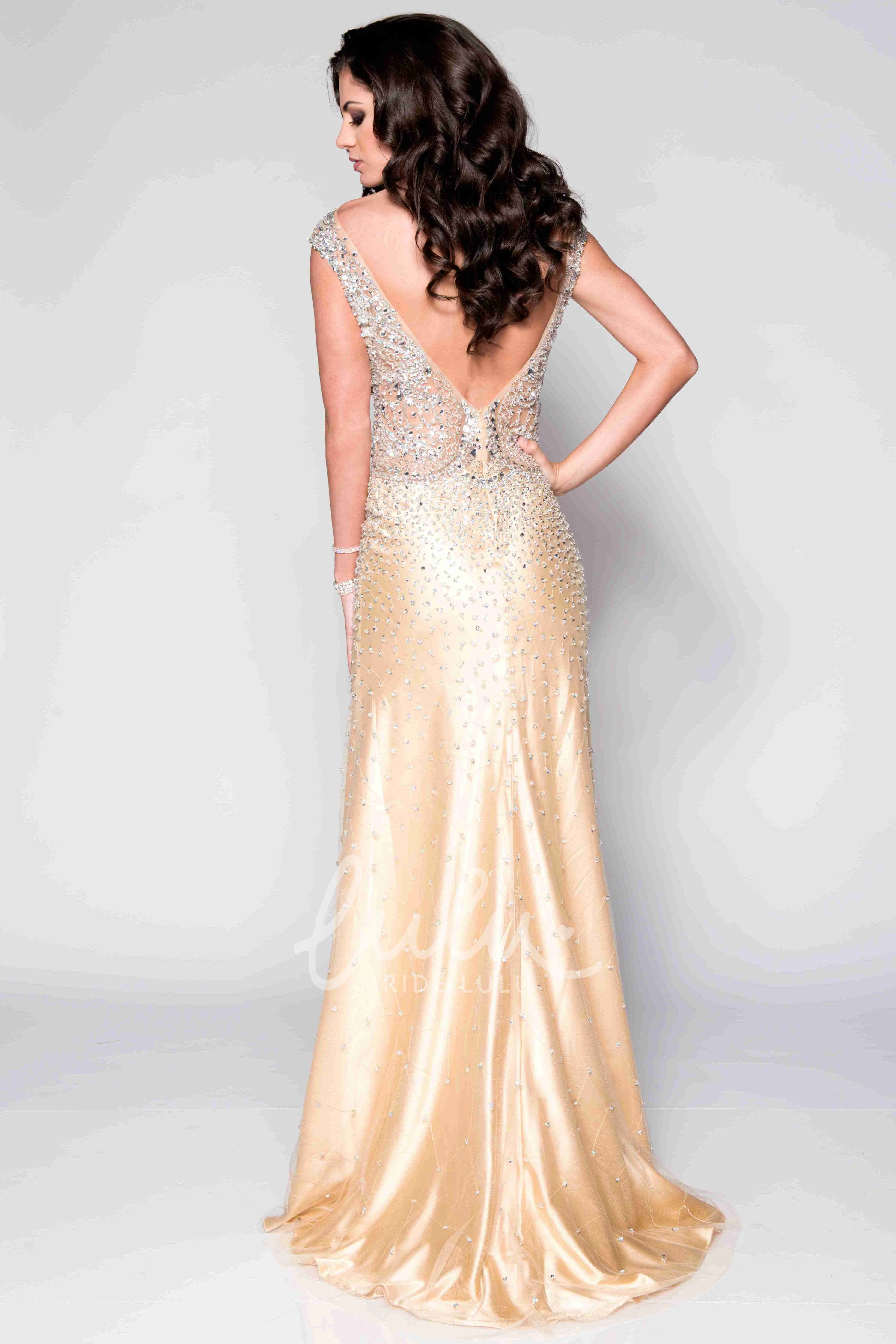Sequined V-Back Cap Sleeve Sheath Prom Dress with Side Split Unique Prom Dress for Women