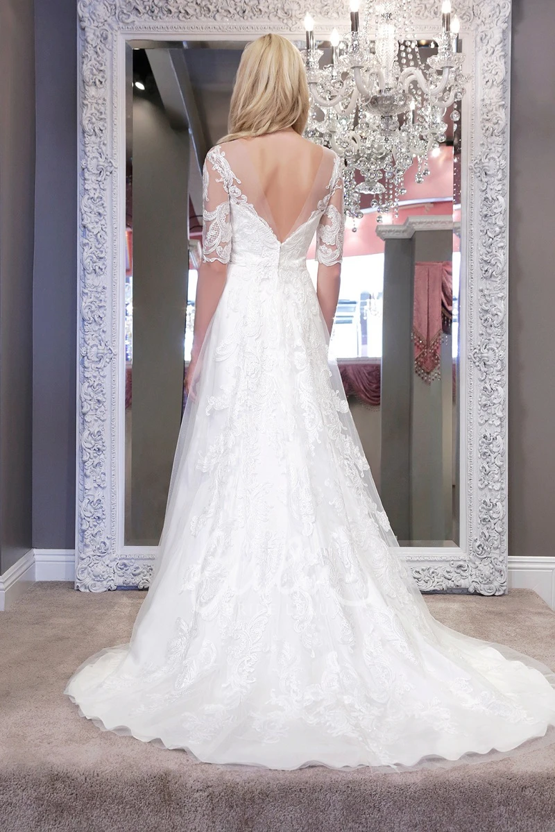 A-Line Lace and Tulle Wedding Dress Half-Sleeve Jewel Neckline