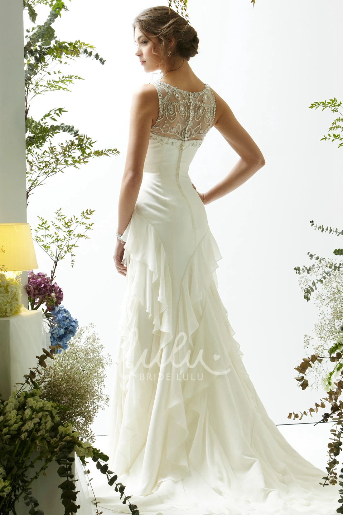 Cascading-Ruffle Satin&Chiffon Wedding Dress with Illusion Back Sheath Bridal Gown