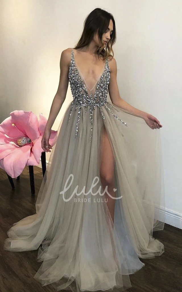 Sleeveless V-neck Tulle A-line Prom Dress with Beading Glamorous