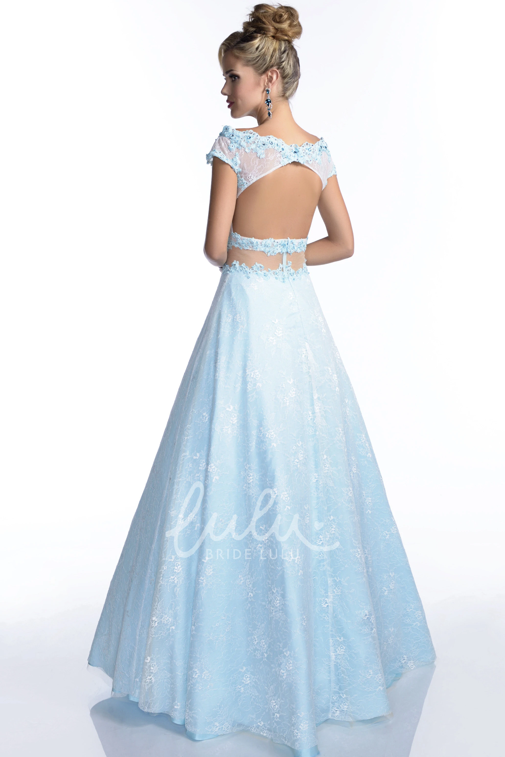 Cap Sleeve Lace A-Line Prom Dress with Scalloped-Edge and Keyhole Back