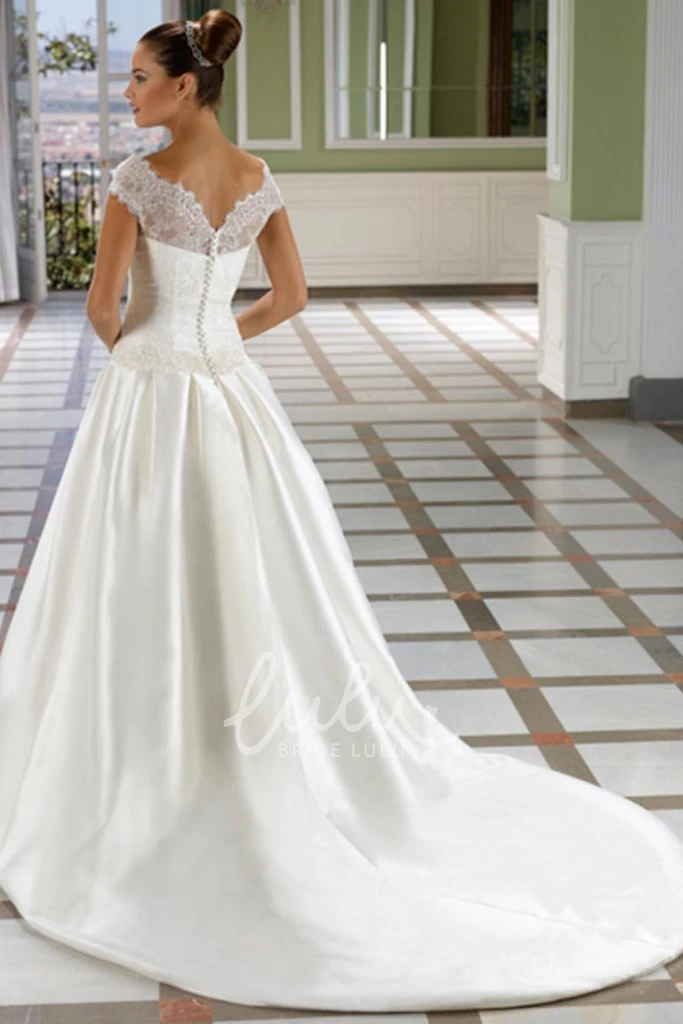 Satin Appliqued Spring Wedding Dress with Court Train A-Line Off-The-Shoulder