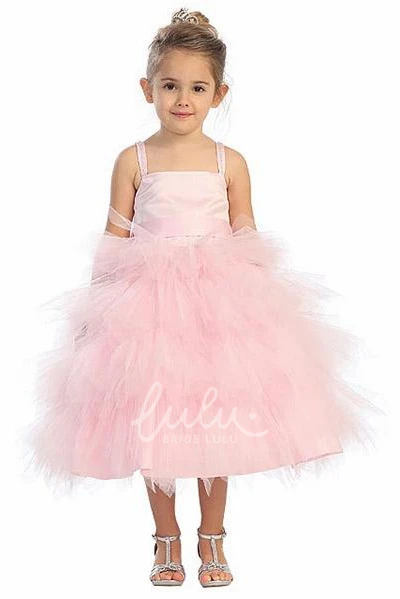 Beaded Tulle and Satin Flower Girl Dress with Spaghetti Straps Tea-Length
