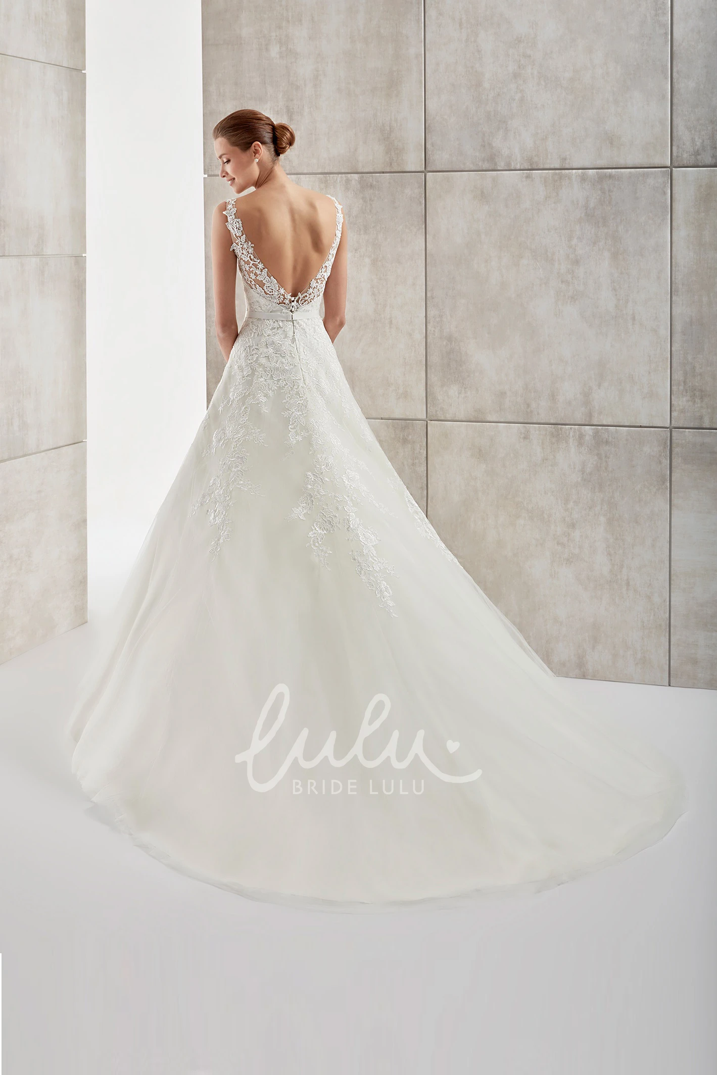 Open Back A-Line Wedding Dress with Lace Appliques and V-Neck