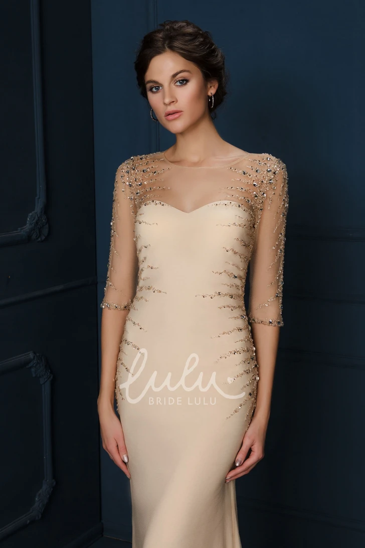 Long-Sleeve Beaded Tulle&Jersey Formal Dress with Scoop-Neck