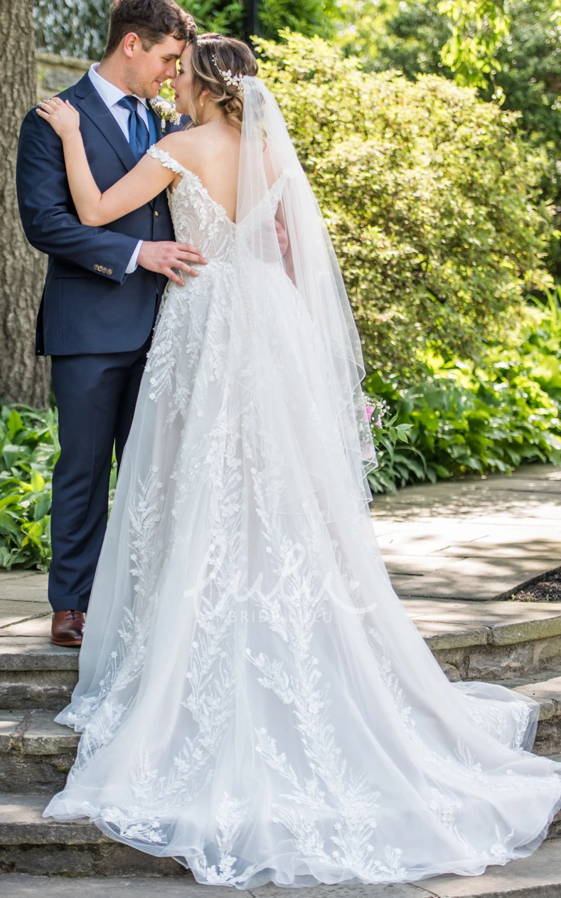 Gorgeous Off-the-Shoulder A-Line V-Neck Trailing Wedding Dress with Dreamy Appliqué