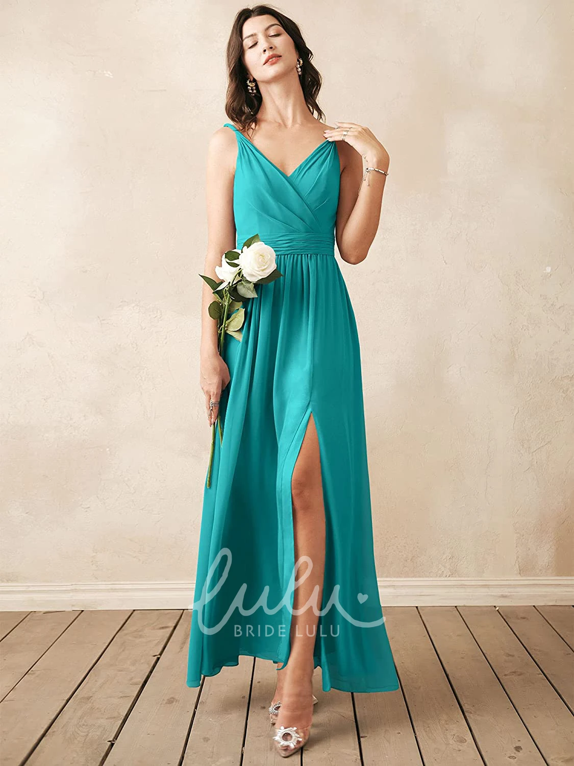 Sleeveless V-neck Chiffon A-line Bridesmaid Dress with Ruching Romantic