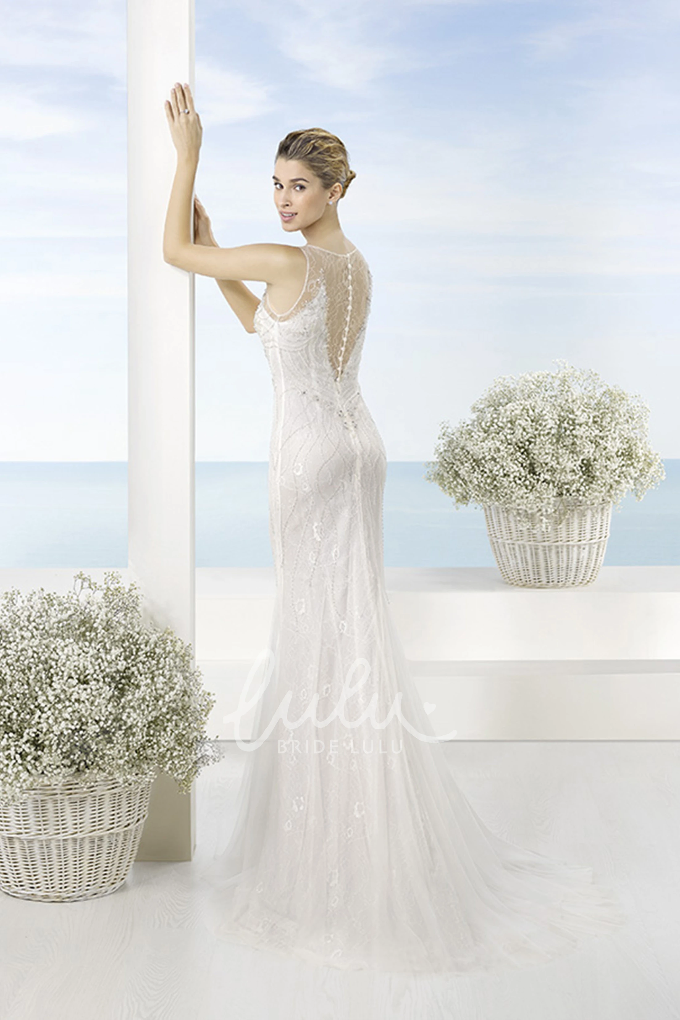 Beaded Tulle Wedding Dress with Illusion Scoop Neckline and Sweep Train Elegant Wedding Dress