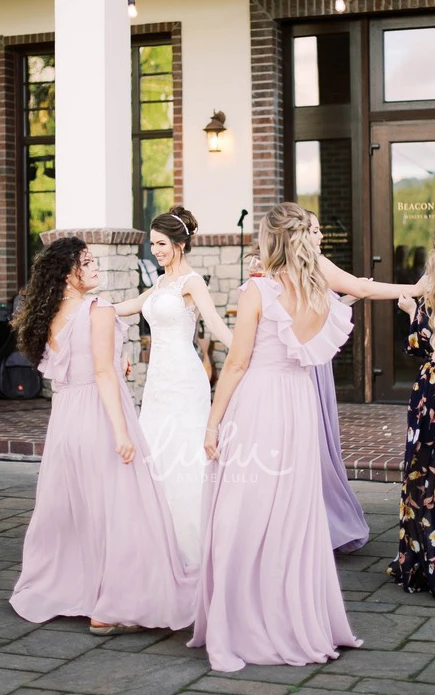 Chiffon Bridesmaid Dress Casual A Line V-neck Cap Sleeves Deep-V Back