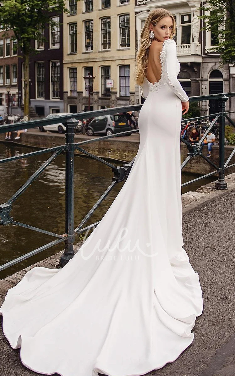 Modern Beaded Satin Mermaid Wedding Dress with Bateau Neckline and Court Train