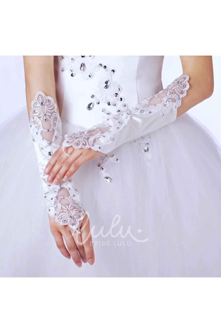 Elegant Satin Mesh Embroidered Wedding Dress Gloves Diamond Hollow