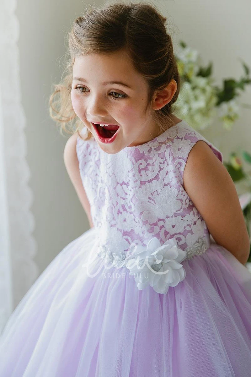 Floral Tea-Length Tiered Tulle&Lace Flower Girl Dress Boho Beach Dress for Girls