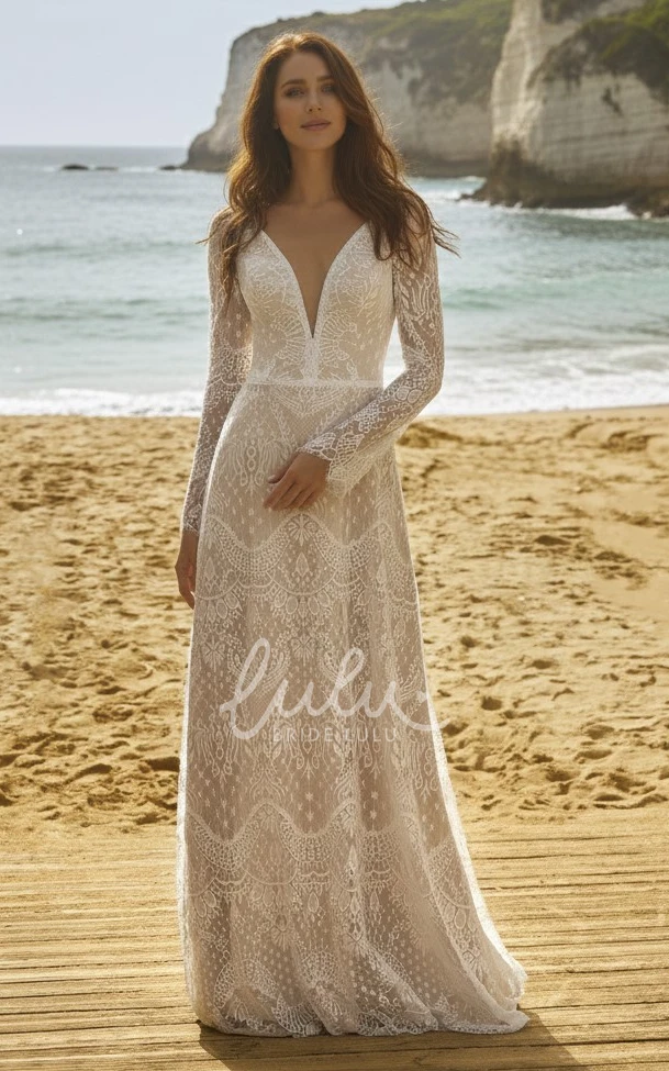 Beach Boho Lace Long Sleeve Wedding Dress A-Line Deep V Neckline Bridal Gown