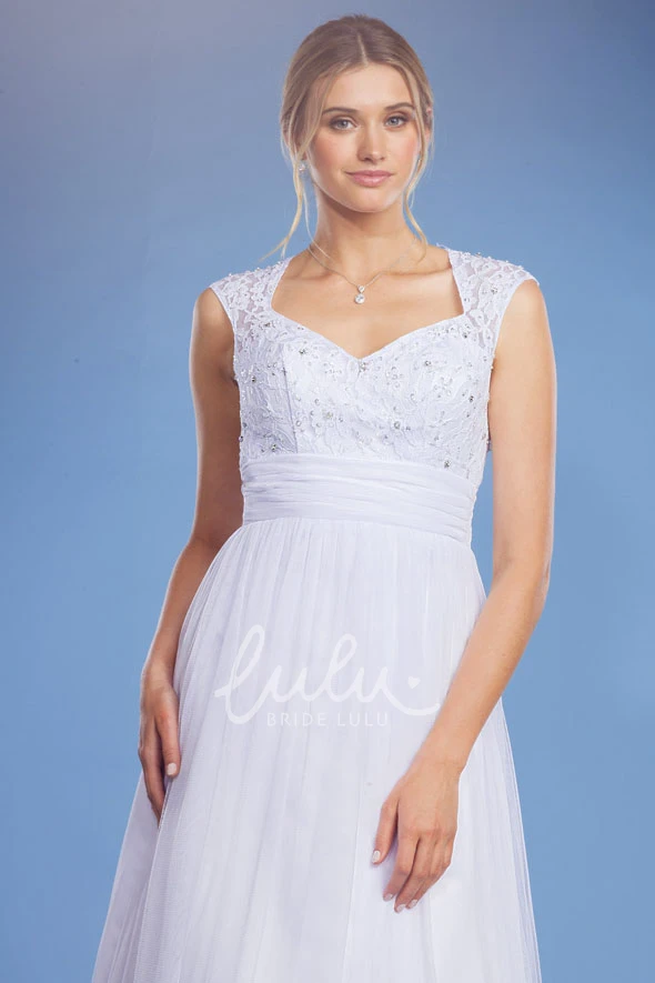 Cap-Sleeve Tulle and Satin Wedding Dress with V-Neck A-Line Style