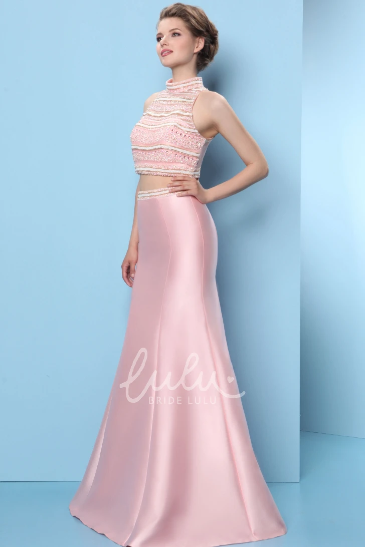 Sleeveless Trumpet Prom Dress with High-Neck and Beaded Satin