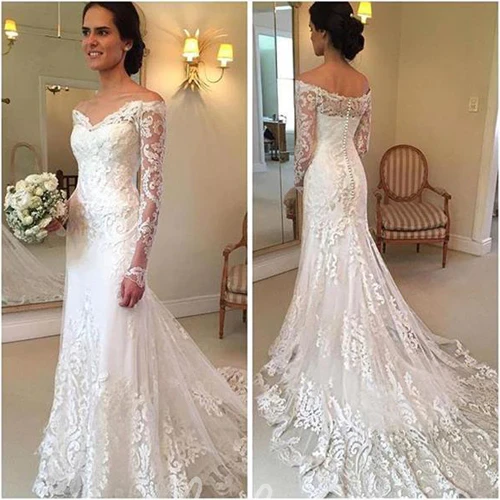 Mermaid Gorgeous Off-The-Shoulder Lace Boho Trumpet Wedding Dress Long Sleeves Glamorous Court Train Gown