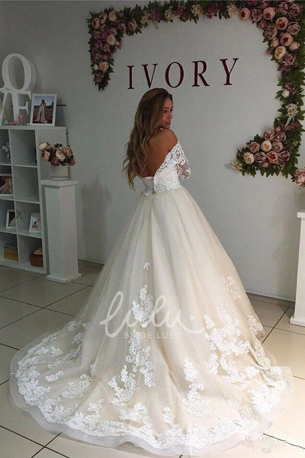 Off-shoulder Lace Tulle Wedding Dress with Low-V Back Ball Gown
