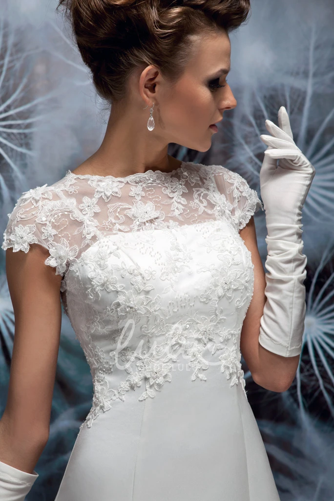 Jewel-Neck Cap-Sleeve Satin A-Line Wedding Dress with Illusion and Elegant Design