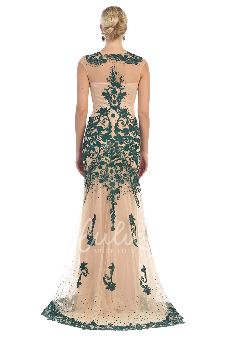 Jewel-Neck Tulle Applique Sleeveless Sheath Formal Dress