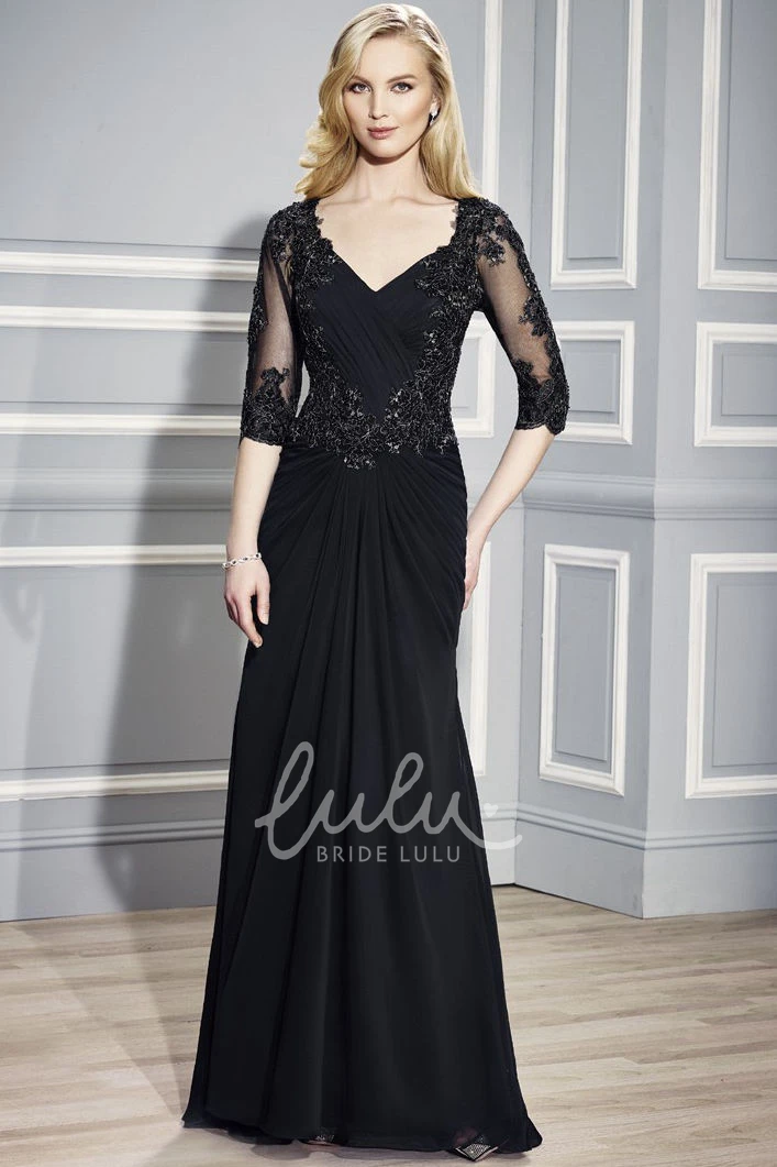 Beaded V-Neck Chiffon Formal Dress with Half Sleeves and Ruching