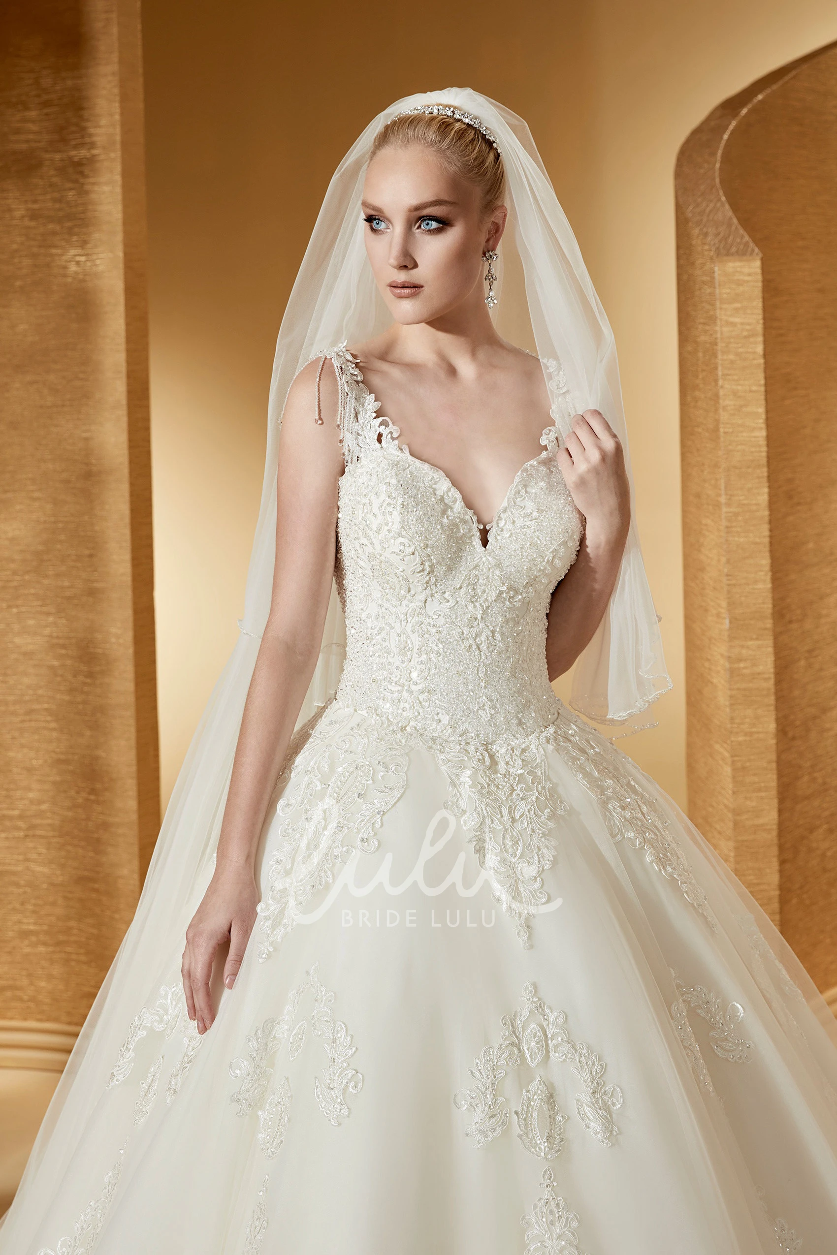 Cap Sleeve V-Neck Ball Gown with Lace Bodice Elegant Bridal Gown