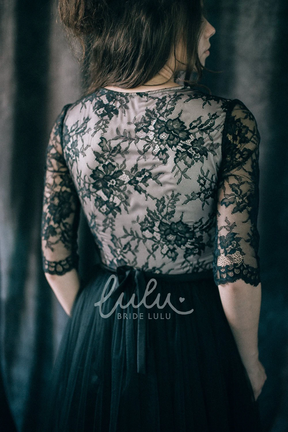 Black Lace Sheath Wedding Dress V-neck Illusion Low-V Back Long Sleeve Floor-length