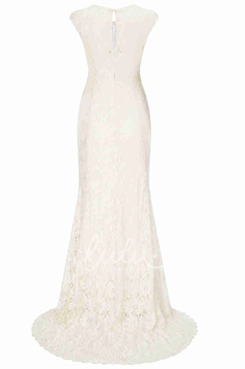 Lace Jewel-Neck Sheath Wedding Dress with Brush Train Elegant Bridal Gown