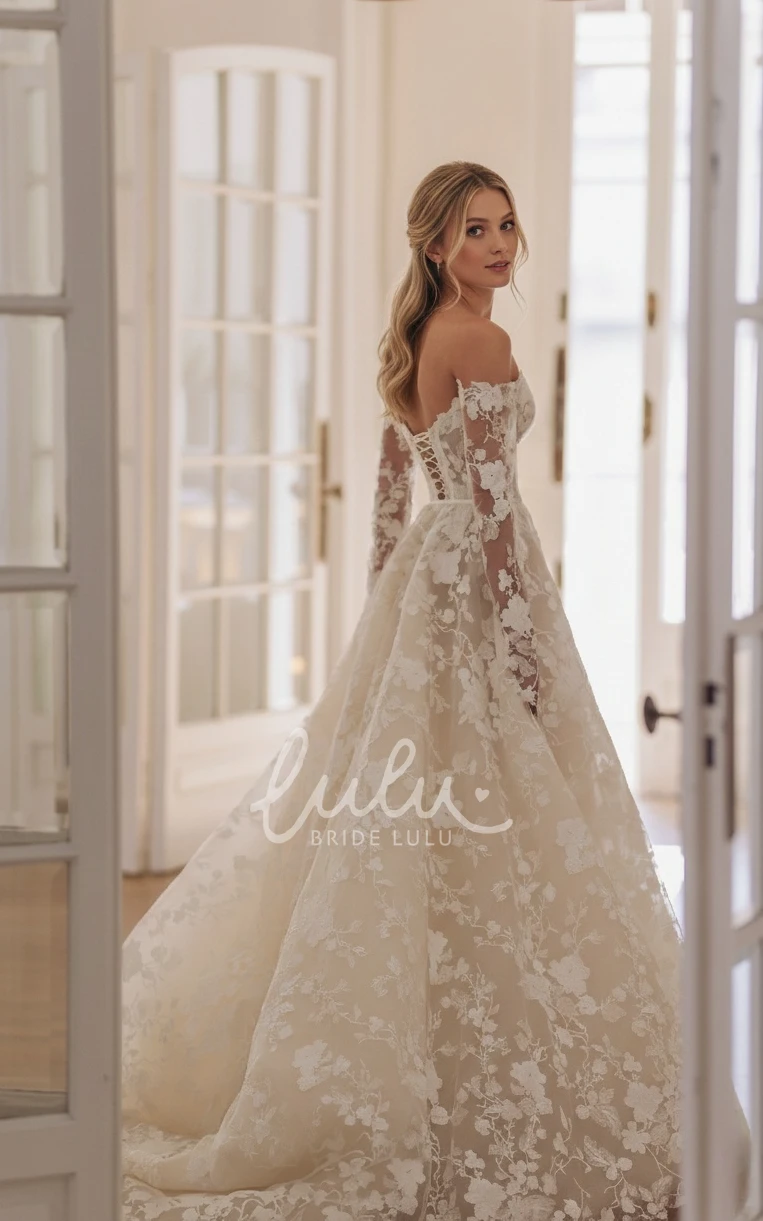 Fairy Modern Bohemian A-Line Lace Off the Shoulder Winter Wedding Dress Chic Princess 3D Appliques Floral Illusion Long Sleeve Bridal Gown