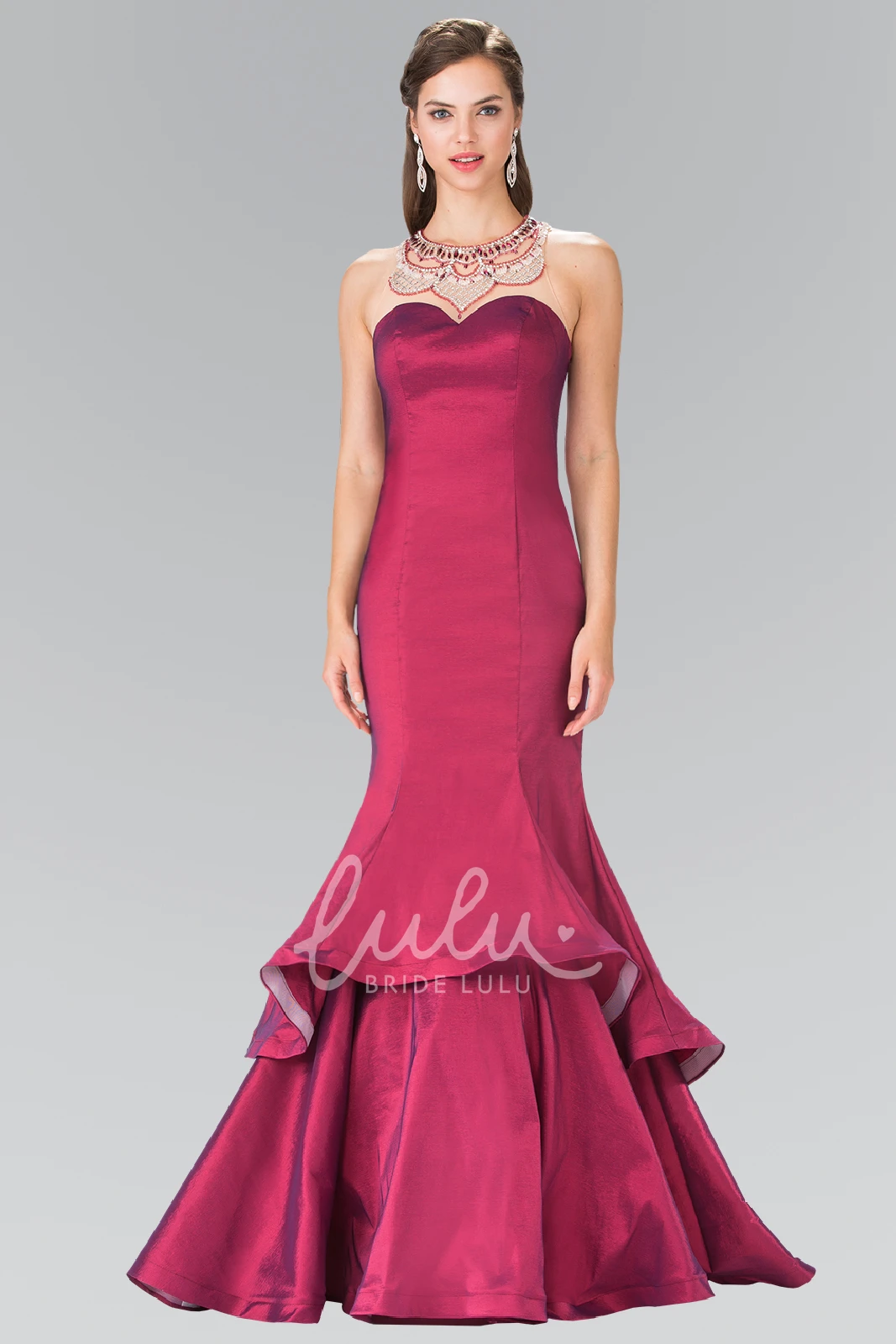 Satin Trumpet Sleeveless Illusion Bridesmaid Dress with Beading and Tiers