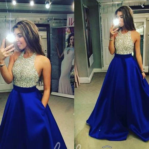 Halter Ball Gown Evening Dress with Beadings and Sleeveless Cut