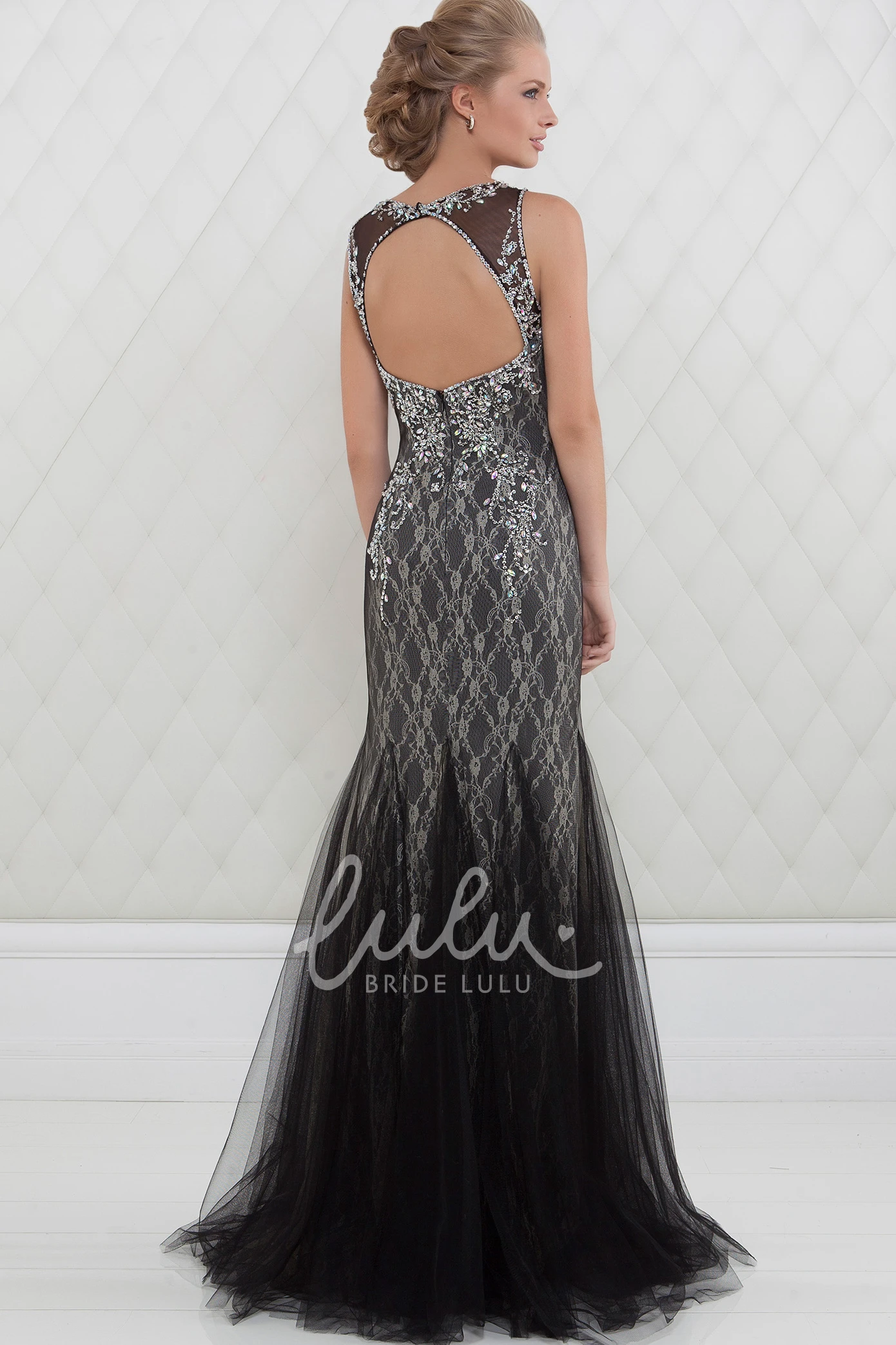 Trumpet Beaded Floor-Length Sleeveless Tulle Prom Dress With Lace Lace Trumpet Tulle Prom Dress