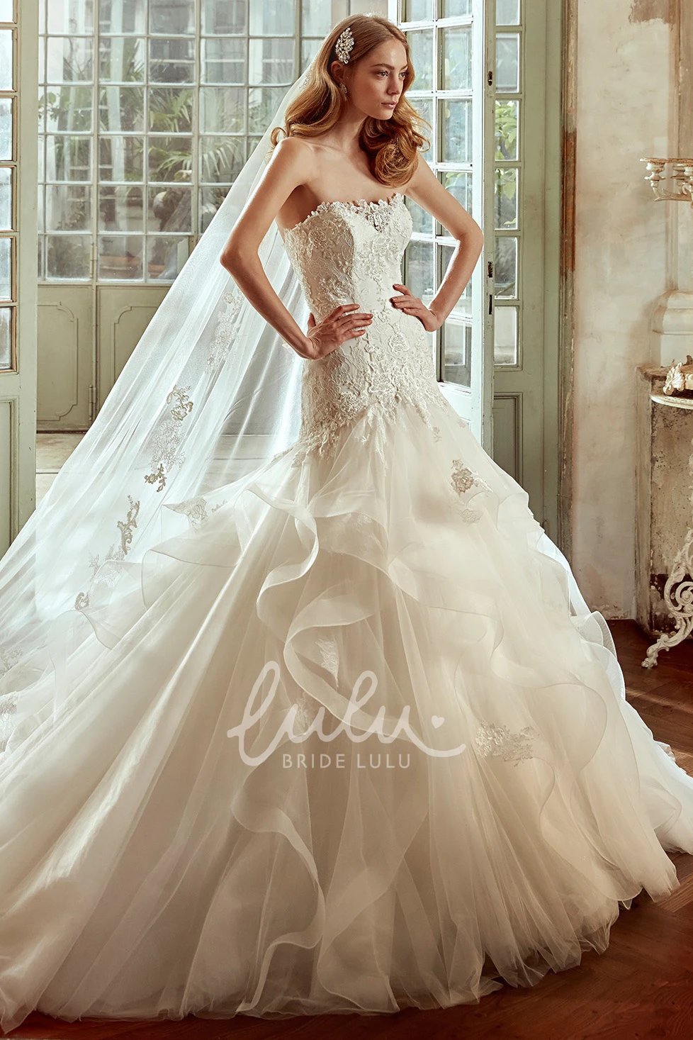 Cascading Ruffles Strapless Wedding Dress with Lace Corset Unique Bridal Gown