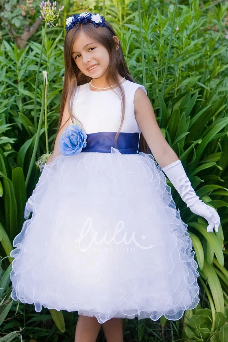 Floral Tea-Length Organza & Satin Flower Girl Dress with Ruffles Elegant Tea-Length Floral Flower Girl Dress
