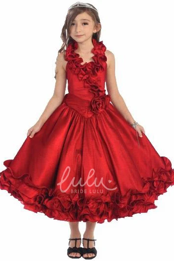 Ruffled Lace Flower Girl Dress Tea-Length