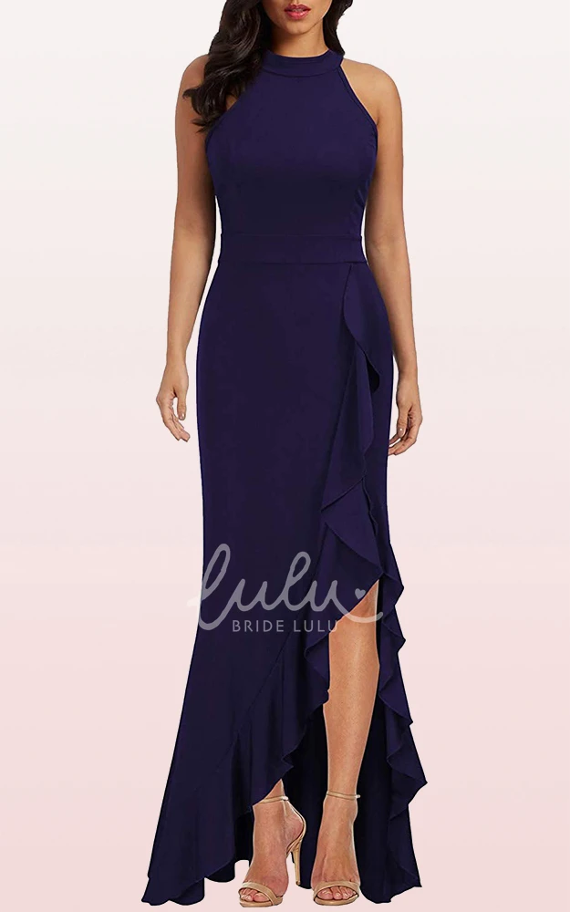 Halter Sheath Sleeveless Formal Guest Dress with Ruffles Elegant Split Front Jersey